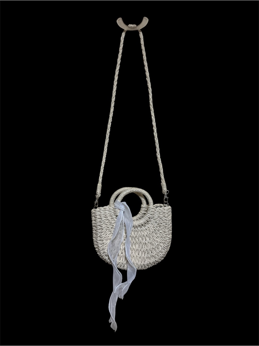 Woven Straw Crossbody Bag with Ribbon Accent - Cream